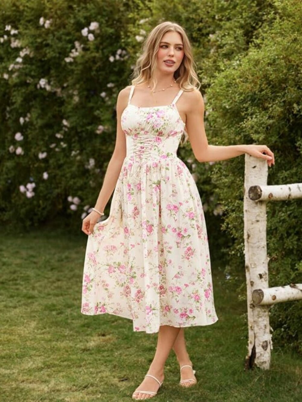 Floral Dress for Women Wedding Guest Sundress with Pockets | Sleeveless Milkmaid - Picture 2 of 5